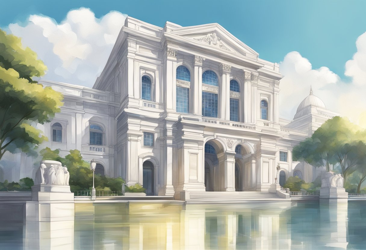 A grand white marble building in Singapore gleams under the bright sun, reflecting the surrounding cityscape