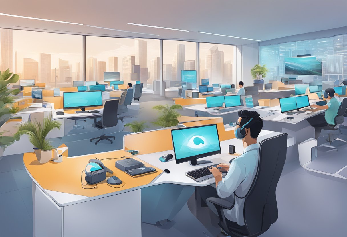 A person explores Logitech Singapore, surrounded by innovative technology and sleek design