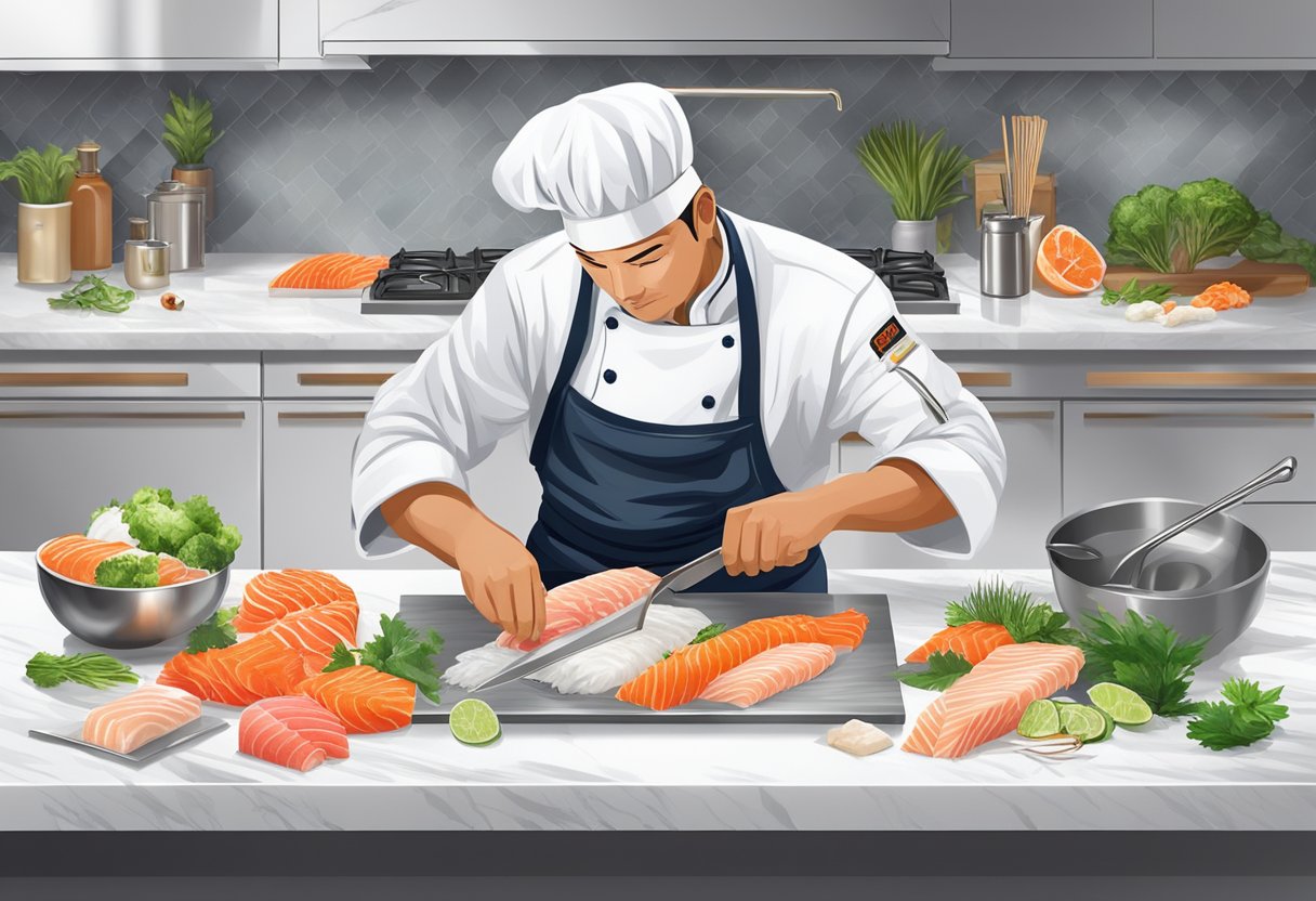 A chef expertly slices fresh sashimi on a pristine white marble countertop, surrounded by gleaming stainless steel kitchen tools and vibrant, exotic ingredients