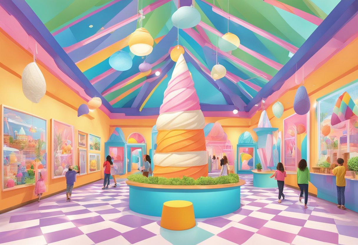 Colorful exhibits fill the museum, with giant ice cream cones and interactive installations. Bright lights and vibrant decor create a playful atmosphere
