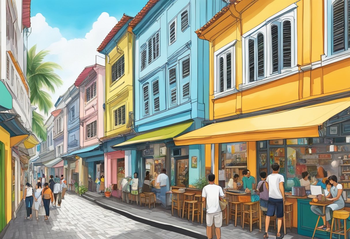 Colorful storefronts line Haji Lane, with vibrant murals and unique signage drawing in visitors. The narrow cobblestone street bustles with activity as tourists and locals explore the trendy shops and cafes
