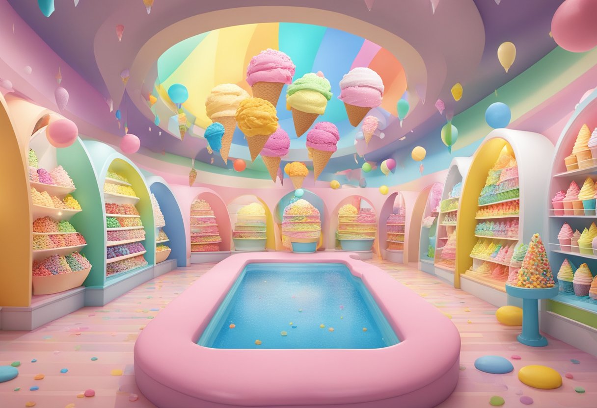 Colorful ice cream exhibits fill the museum, with giant cones and sprinkle-covered walls. A rainbow tunnel leads to a room filled with floating bananas and a pool of rainbow sprinkles