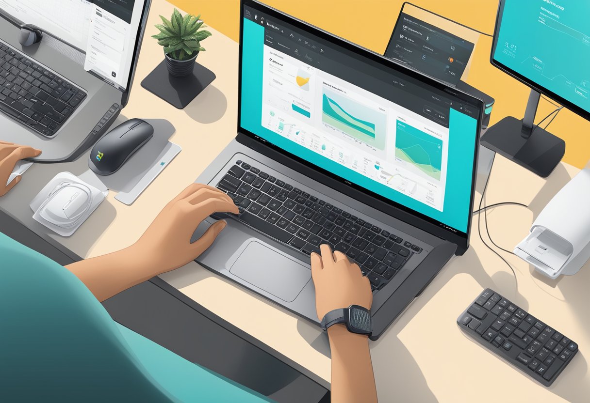 A customer browsing Logitech products on a computer screen, with product details and purchasing options displayed