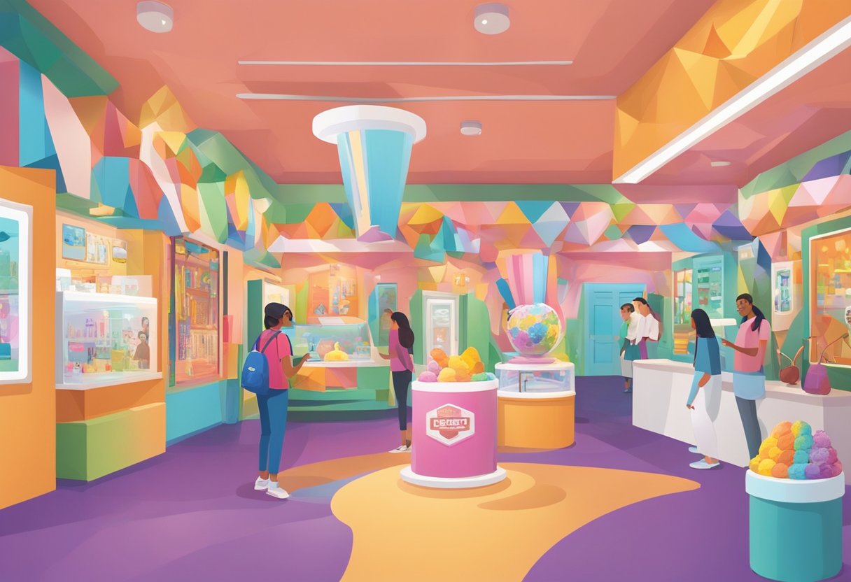Colorful museum interior with interactive exhibits, ice cream sculptures, and vibrant murals. Visitors explore and engage with FAQ displays