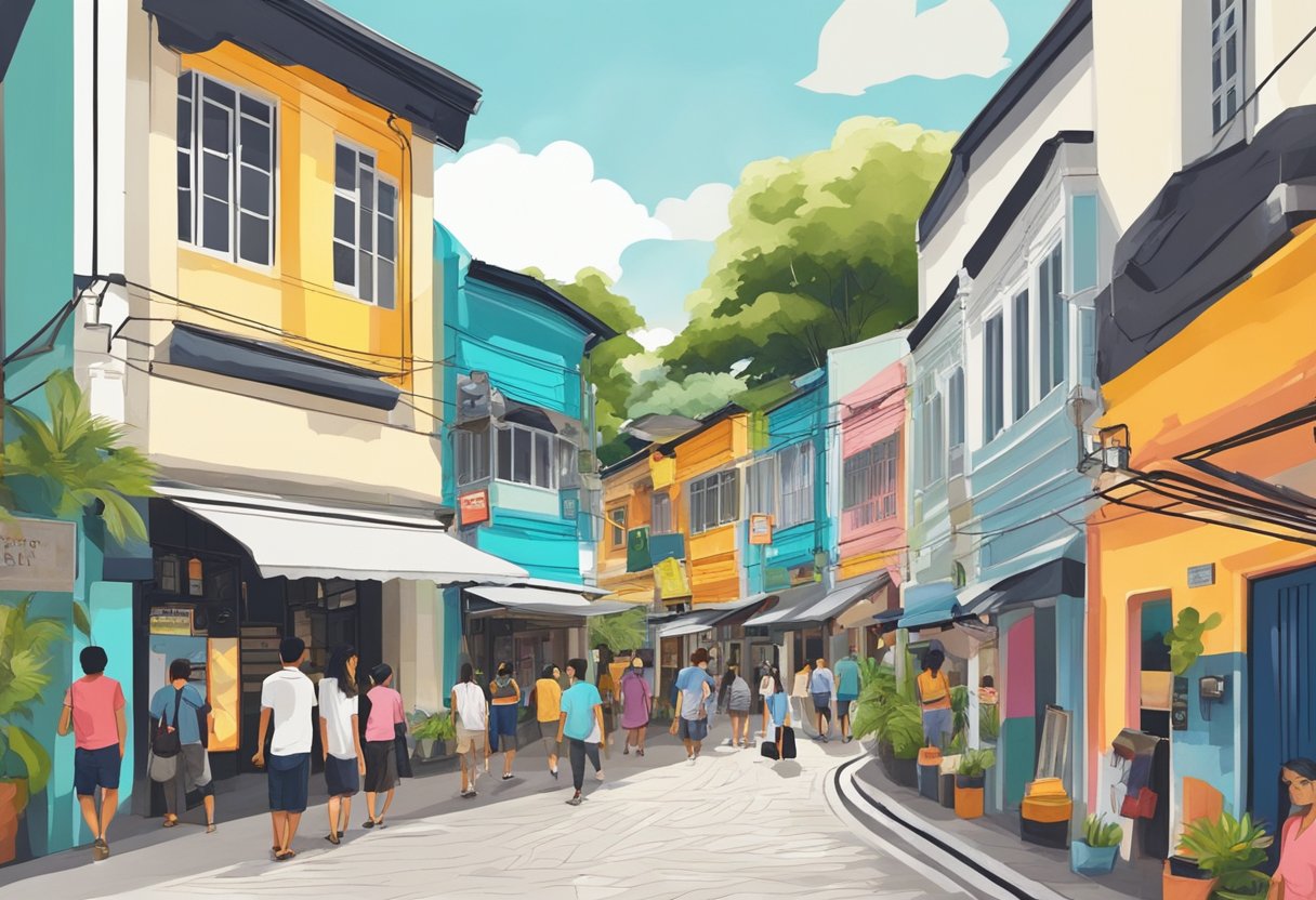 Colorful signboards line Haji Lane, Singapore. People explore the trendy shops and cafes, while street art adorns the walls