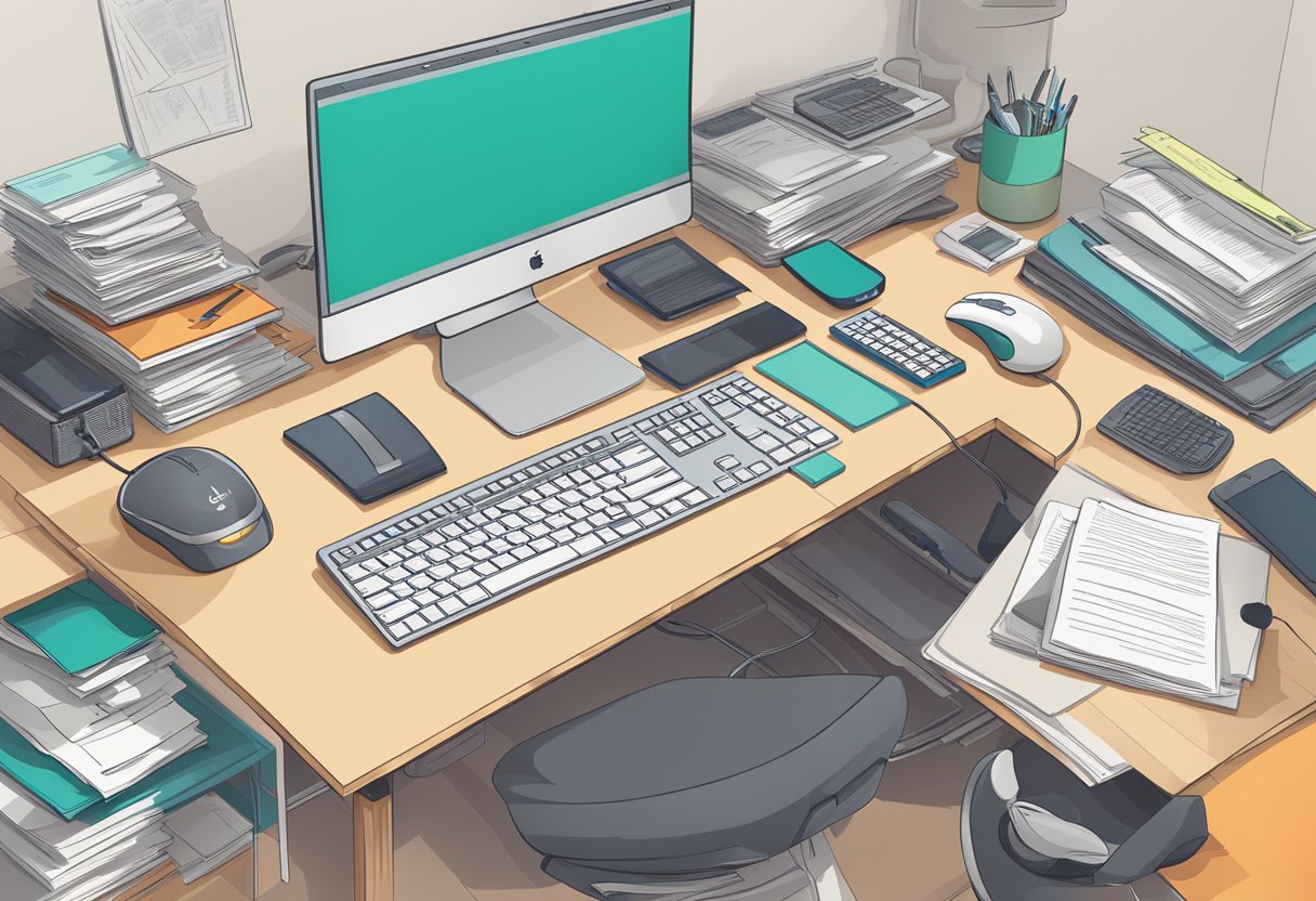 A computer desk with a Logitech keyboard, mouse, and webcam, surrounded by various electronic devices and a stack of FAQ documents