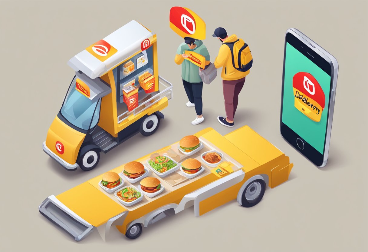 A person opens a McDelivery app, selects items, adds to cart, and places order for delivery