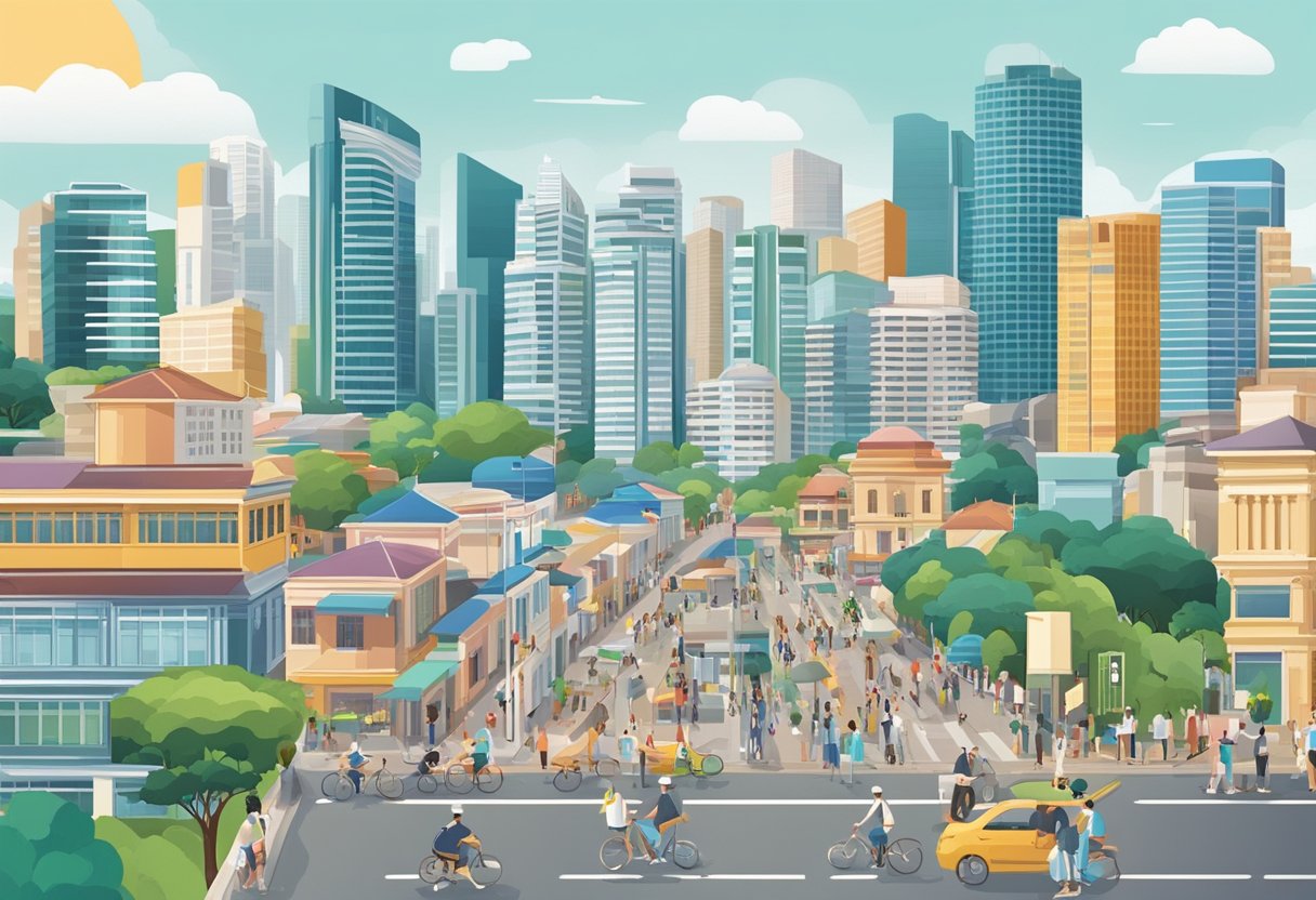A bustling cityscape with diverse buildings and infrastructure, representing the demographic overview of Singapore's population
