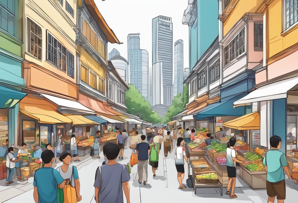 A bustling Singapore street with diverse people, modern skyscrapers, traditional shophouses, and bustling food stalls showcasing the multicultural aspects of the population