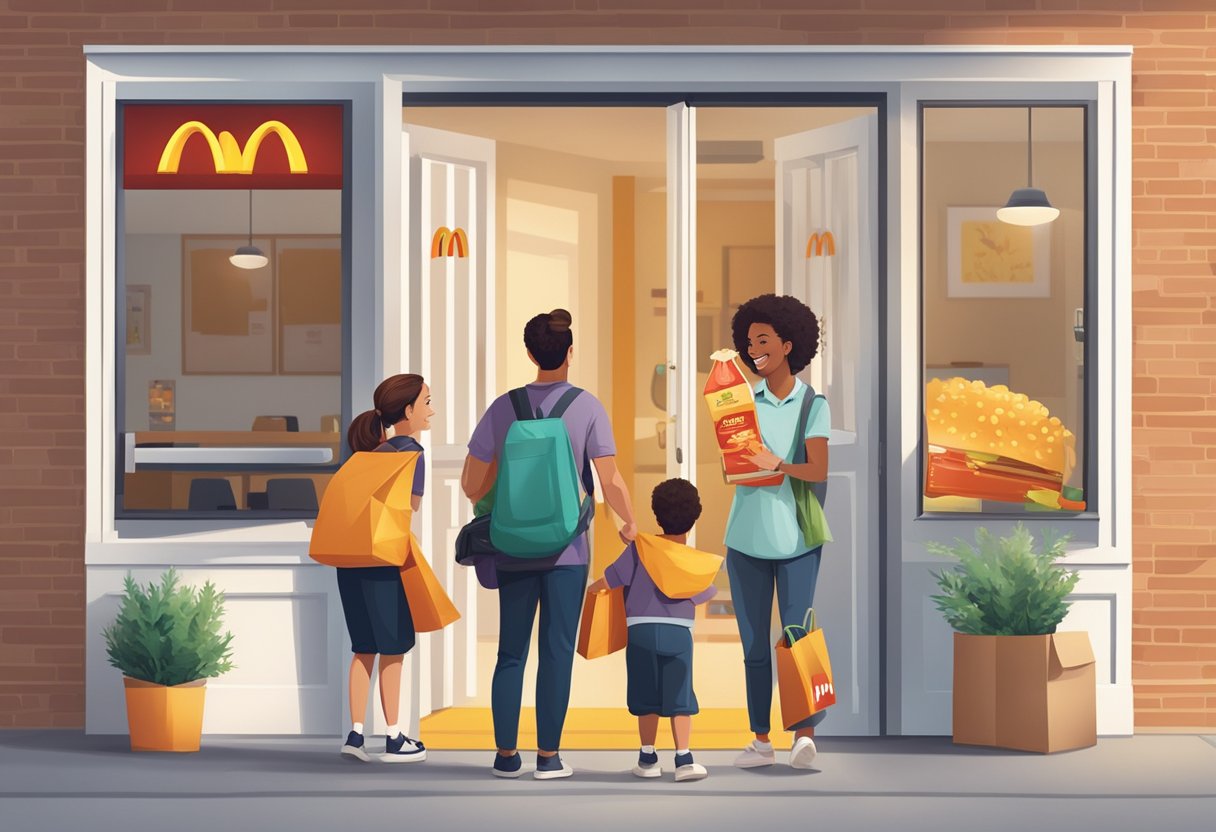 A smiling family receiving a package of food at their doorstep, with the McDonald's logo prominently displayed on the delivery bag