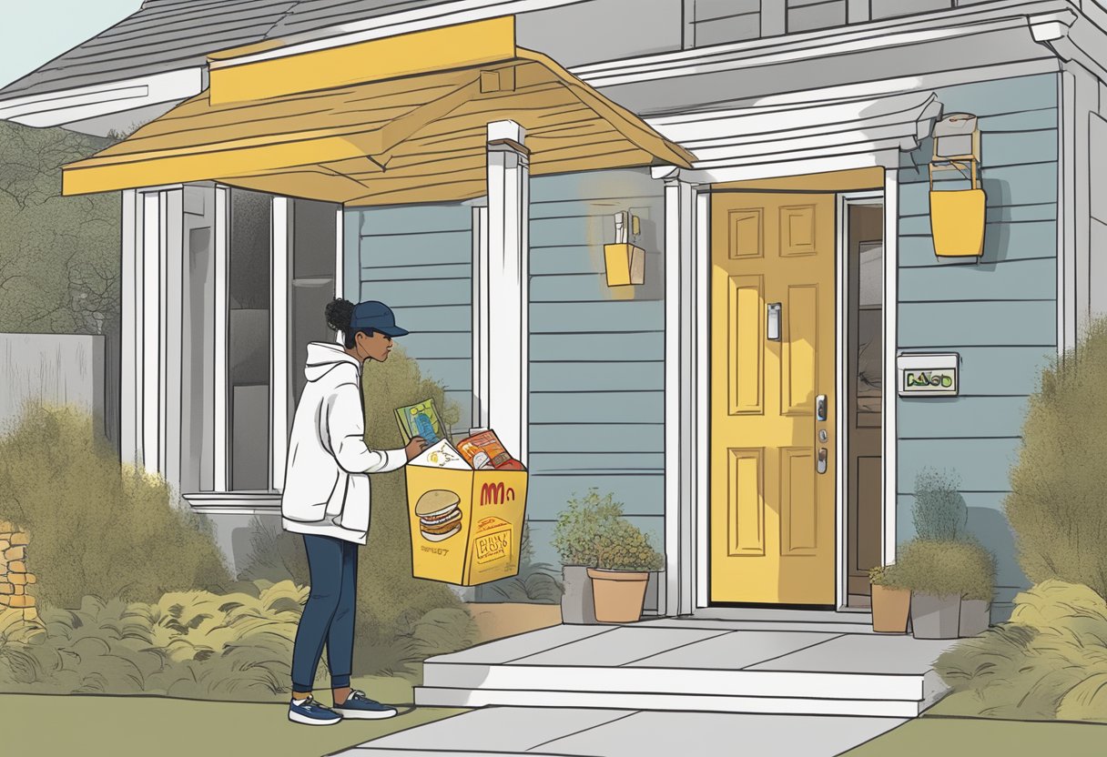 A delivery person placing a McDonald's meal on a doorstep with a "Frequently Asked Questions" pamphlet in the foreground