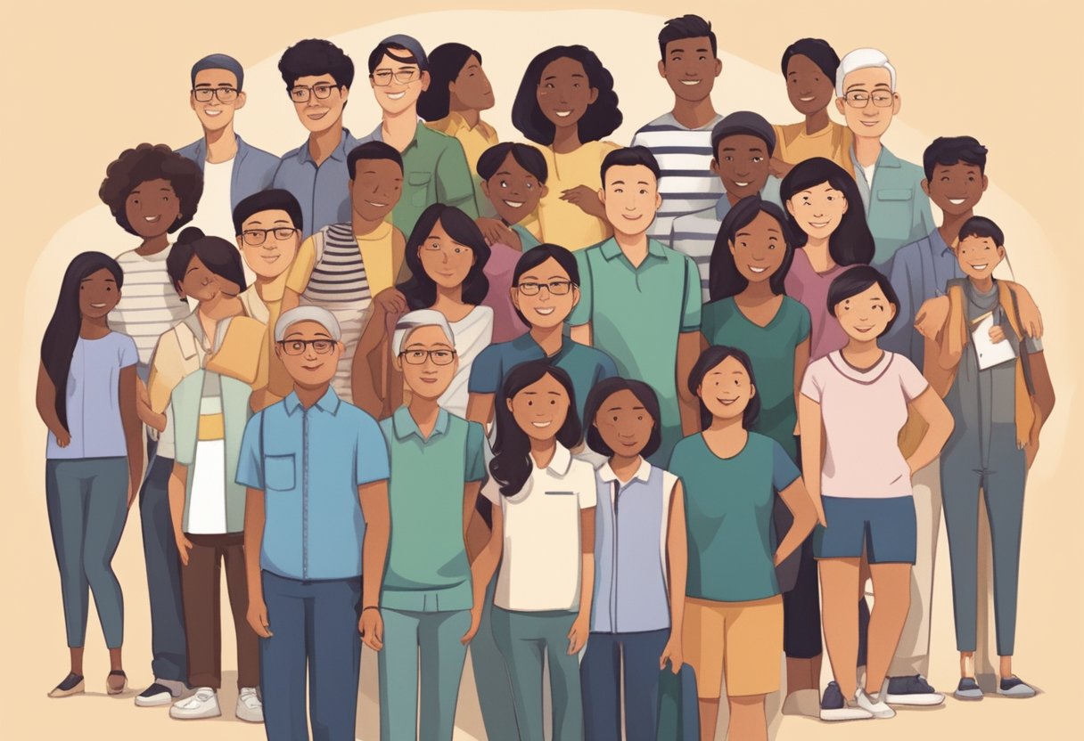 A diverse group of people in Singapore, with various ethnicities and backgrounds, gathered together, representing the population