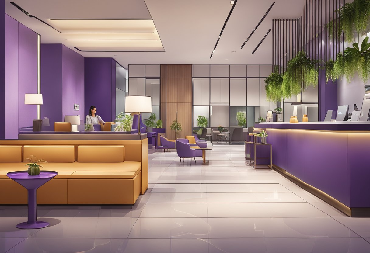 A modern hotel lobby with sleek furnishings, a cozy lounge area, and a stylish check-in desk at Yotel Singapore Orchard Road
