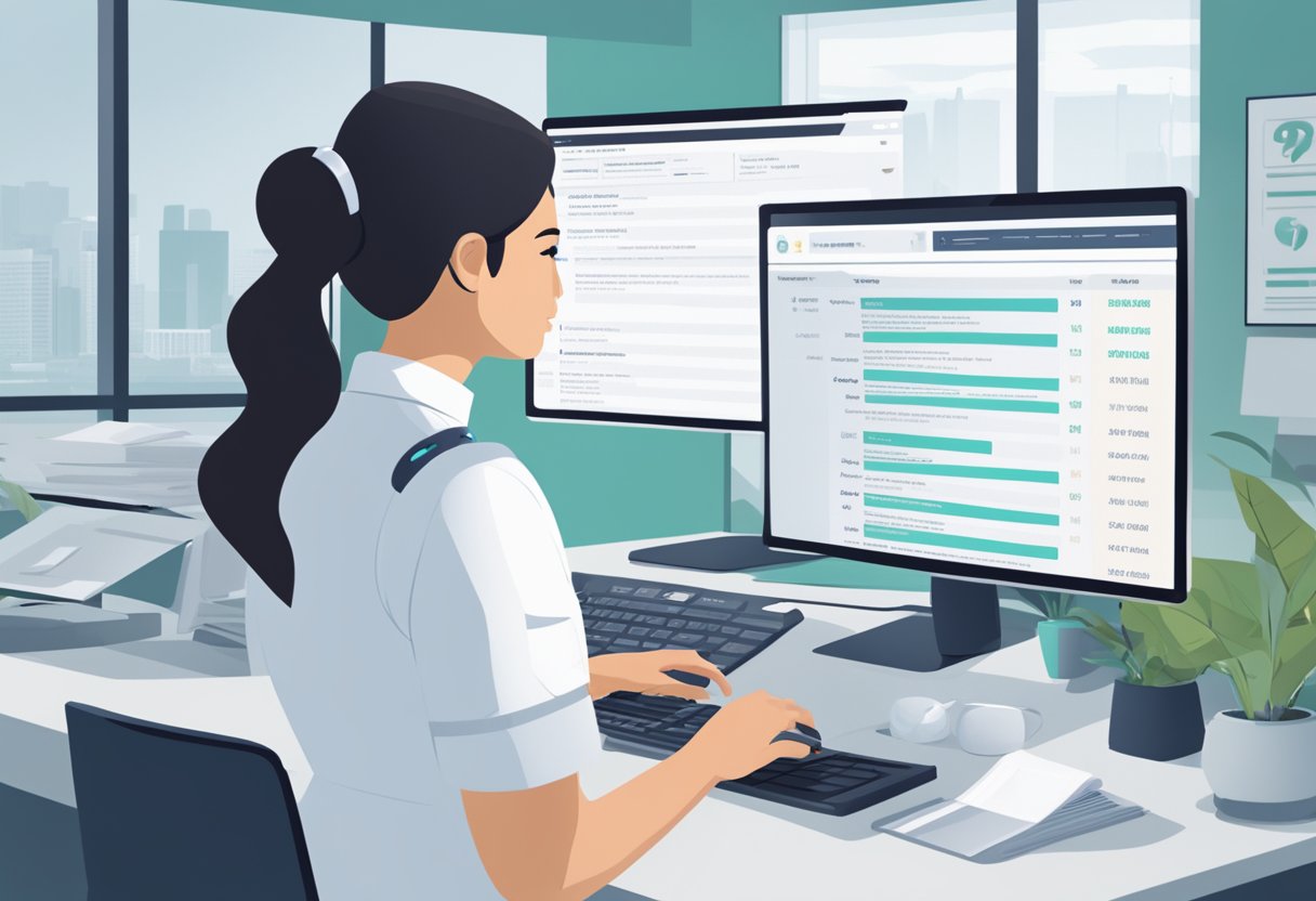 A nurse in a white uniform standing in front of a computer, with a list of frequently asked questions about nurse salary in Singapore displayed on the screen