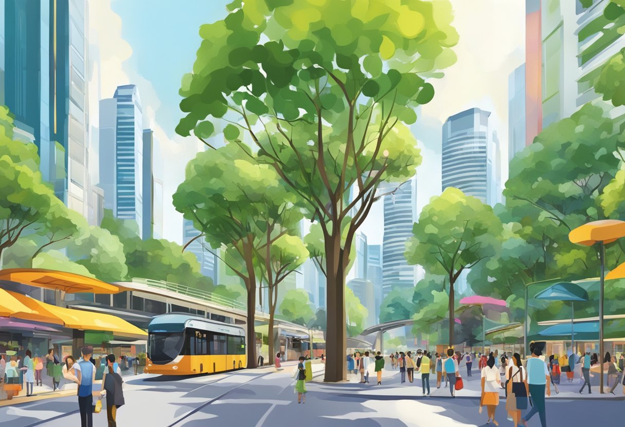 A bustling city street with modern architecture and lush greenery, showcasing the vibrant energy of Singapore's Orchard Road