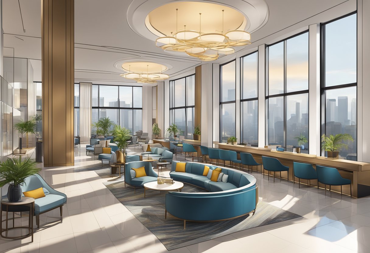 A bustling hotel lobby with a modern design, featuring a sleek reception desk and comfortable seating areas. The space is adorned with contemporary art and large windows offering a view of the city