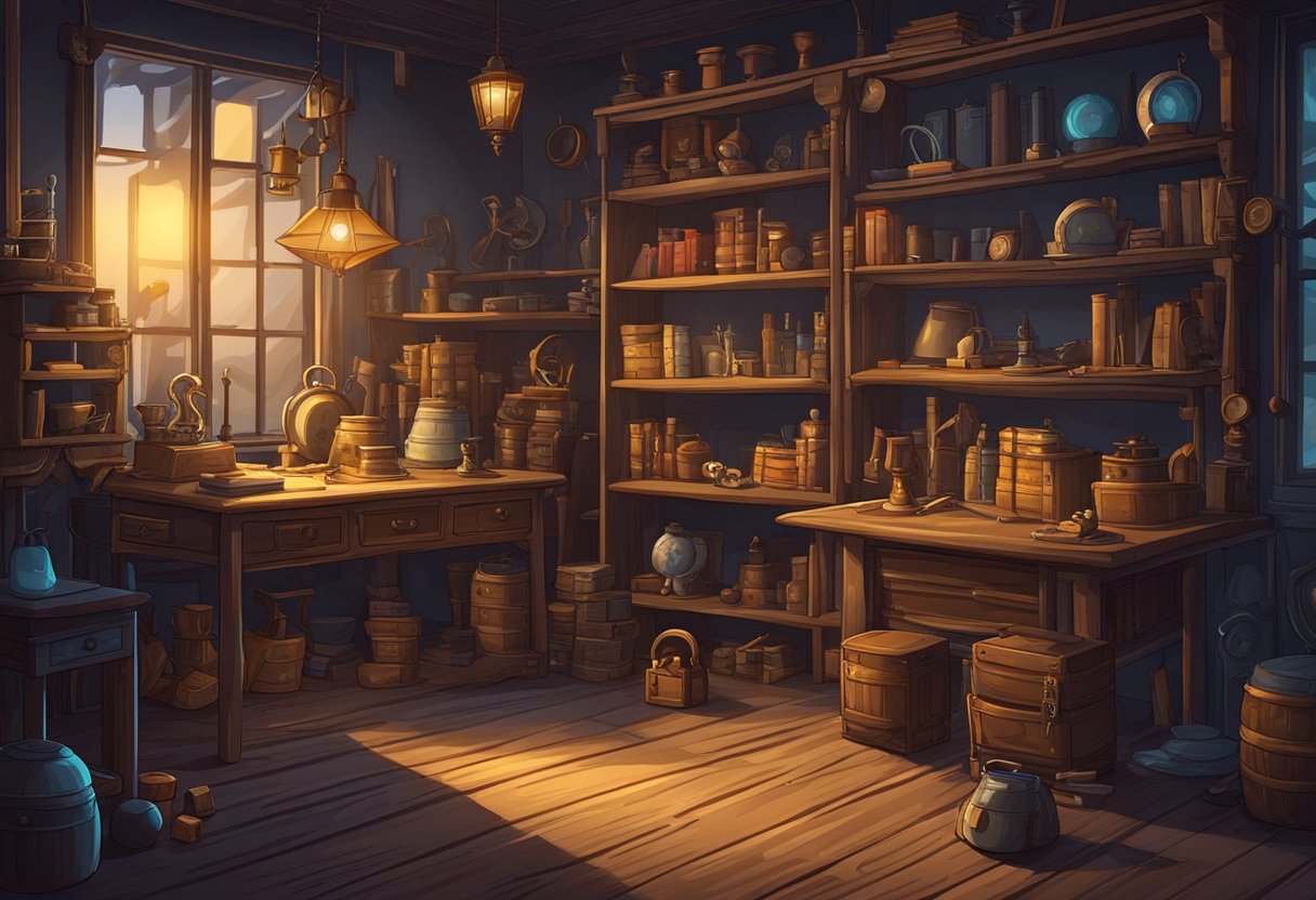 A room with puzzles, locks, and clues. Dim lighting and mysterious atmosphere. Tables and shelves with various props and tools