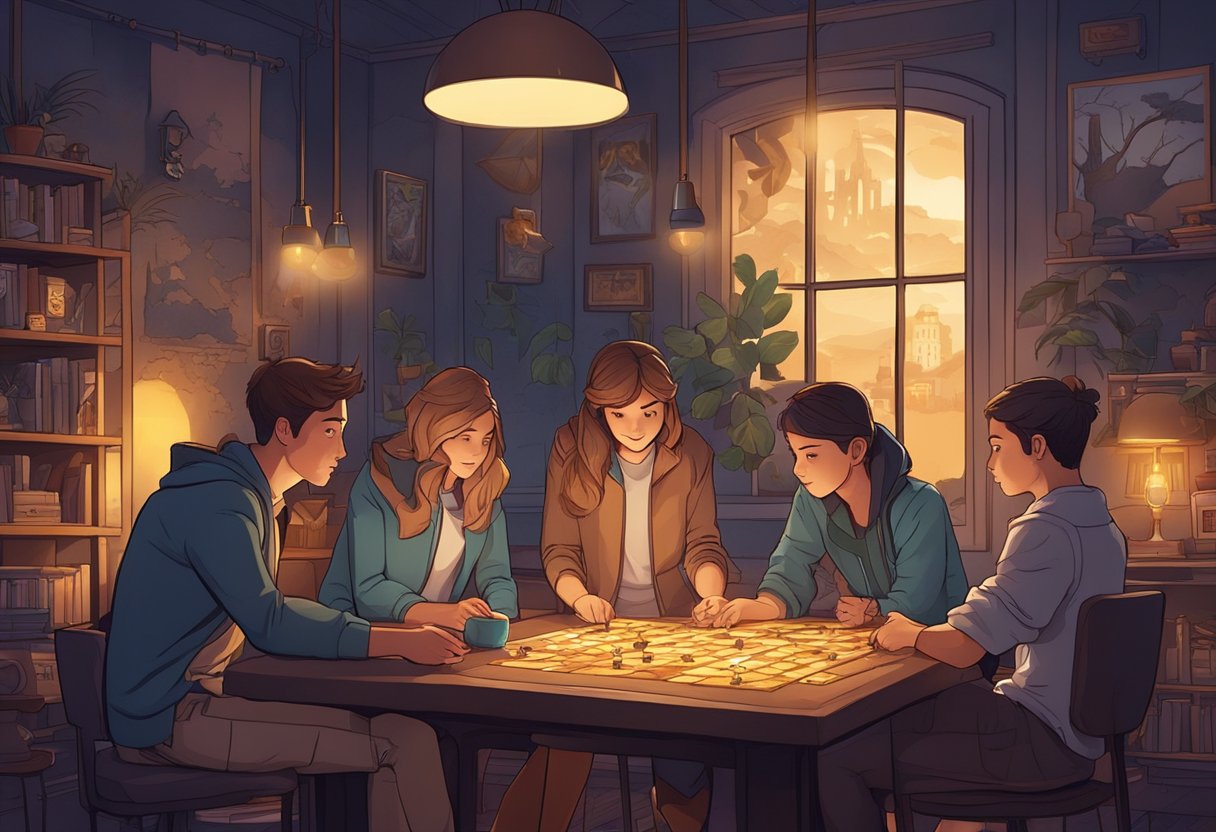 A group of friends work together to solve puzzles and unlock clues in a themed room, surrounded by mysterious decor and dim lighting