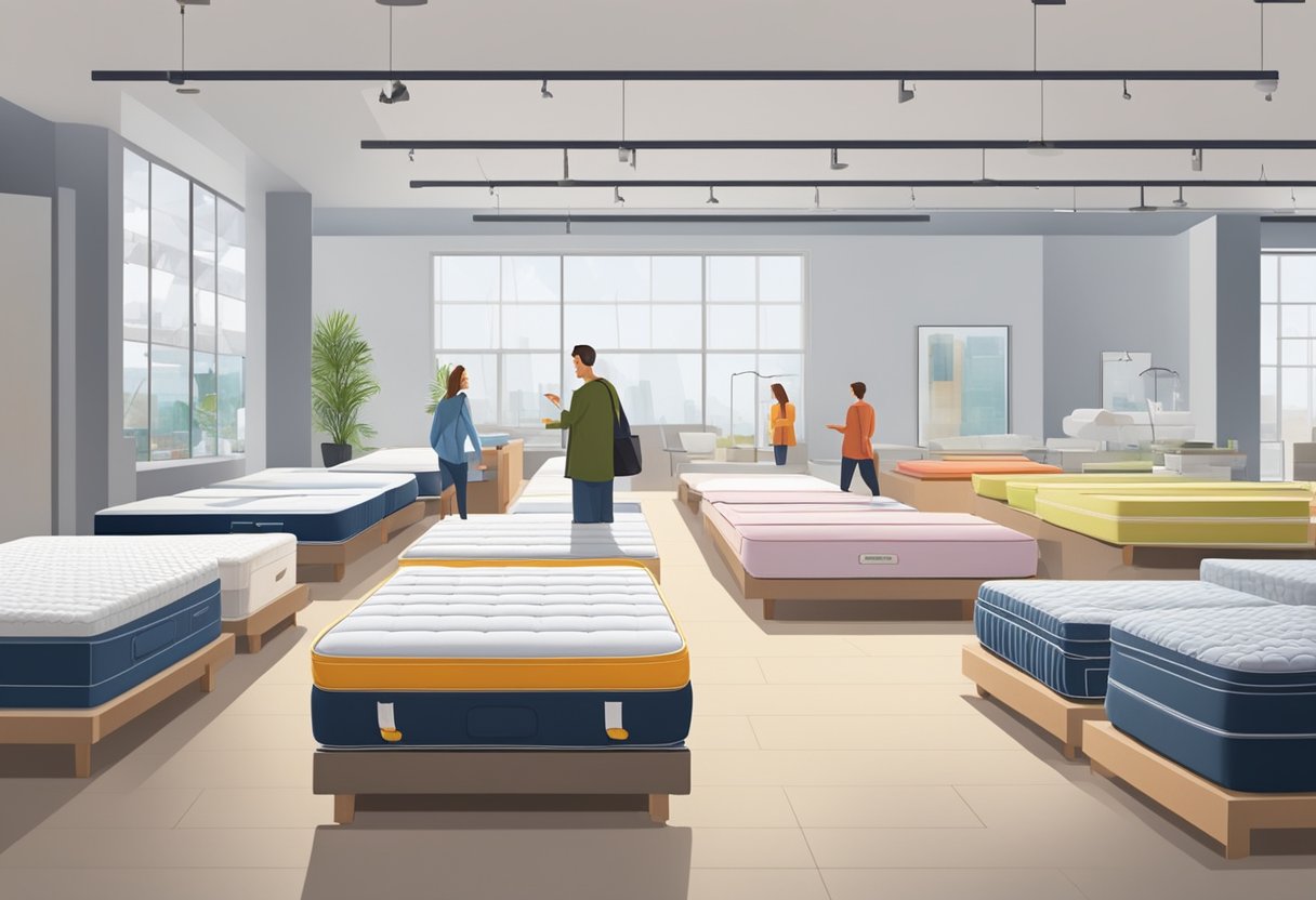 A customer tests various mattresses in a showroom, surrounded by different types and brands