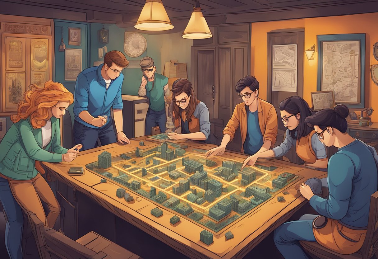 A group of friends work together to solve puzzles and unravel mysteries in a themed escape room, surrounded by intricate props and hidden clues