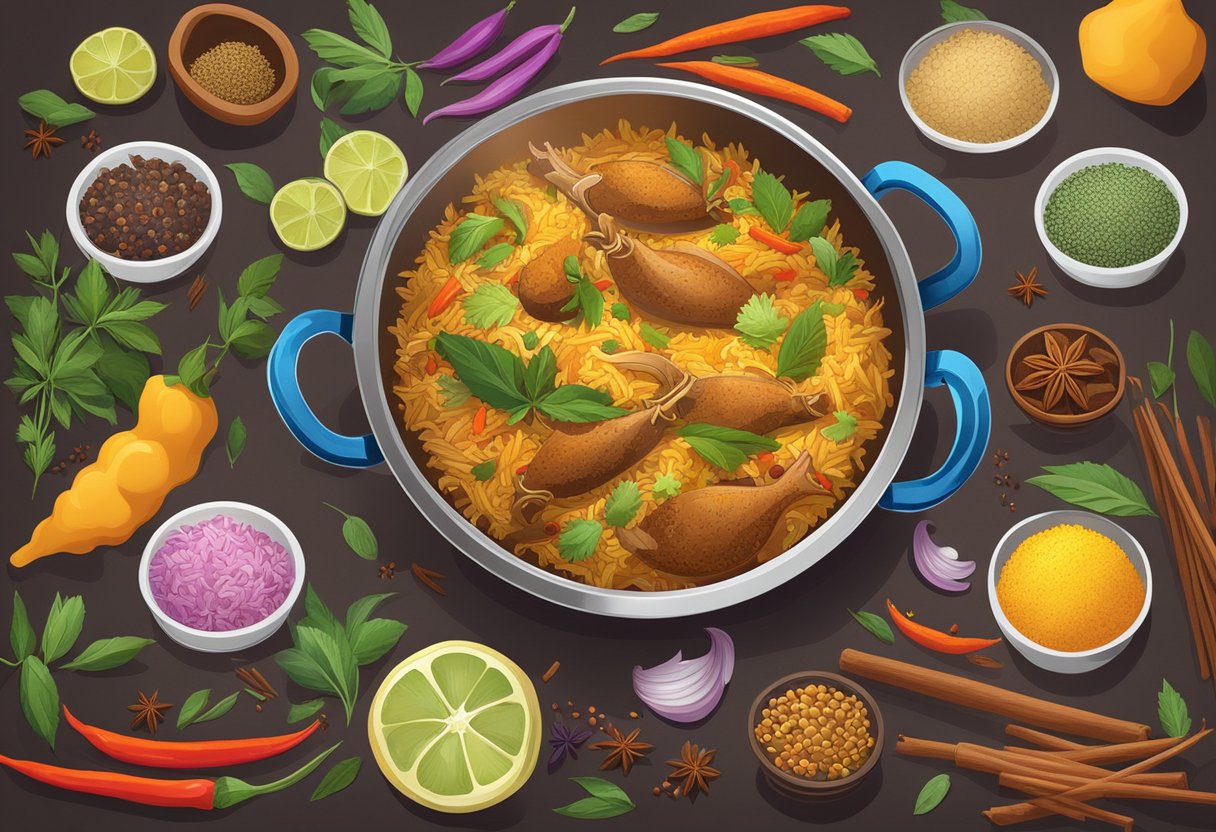 A steaming pot of fragrant Paradise Biryani sits atop a vibrant table, surrounded by colorful spices and herbs. The aroma of the dish fills the air, creating a sense of warmth and comfort