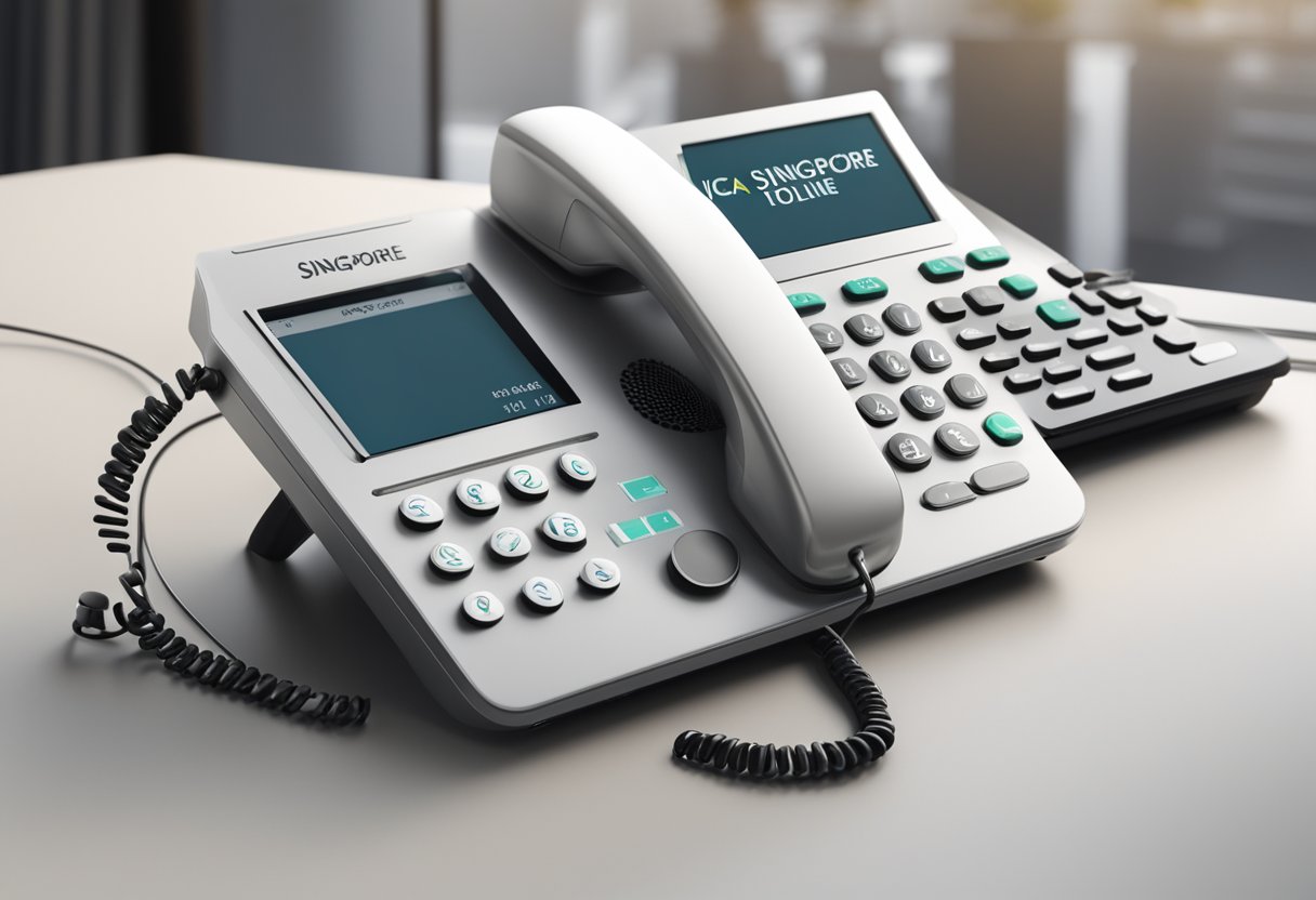 A phone ringing on a desk with the words "ICA Singapore Hotline" displayed on the screen