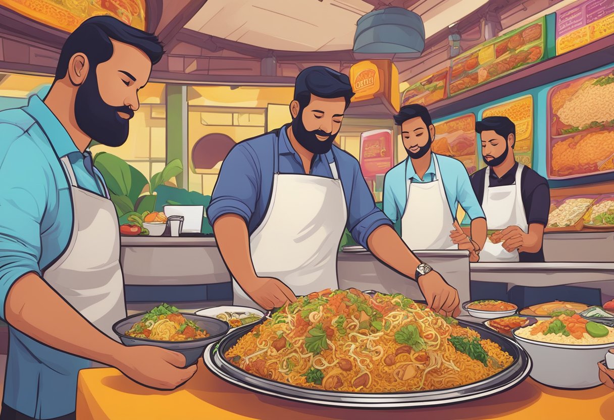 Customers browsing a colorful menu with various biryani options at Paradise Biryani SG, with tantalizing descriptions and vibrant food illustrations