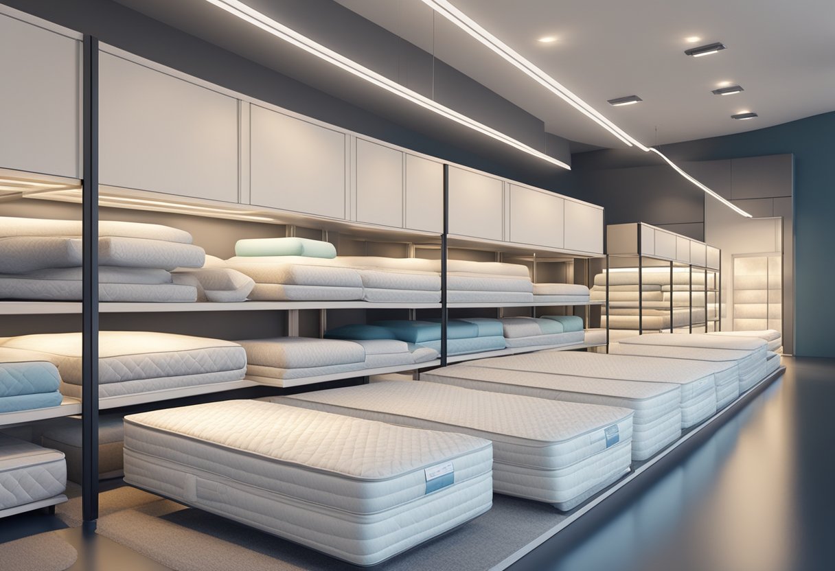 A showroom with rows of mattresses in various sizes and styles. Bright lighting highlights the textures and colors of the mattresses on display