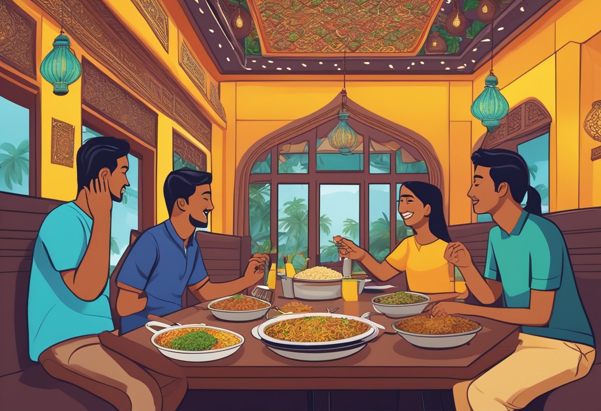 Customers enjoying flavorful biryani at Paradise Biryani in Singapore. The ambiance is vibrant and inviting, with colorful decor and aromatic spices filling the air