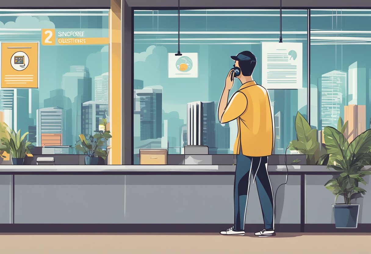 A person talking on the phone with a sign that reads "Frequently Asked Questions ICA Singapore Hotline" in the background
