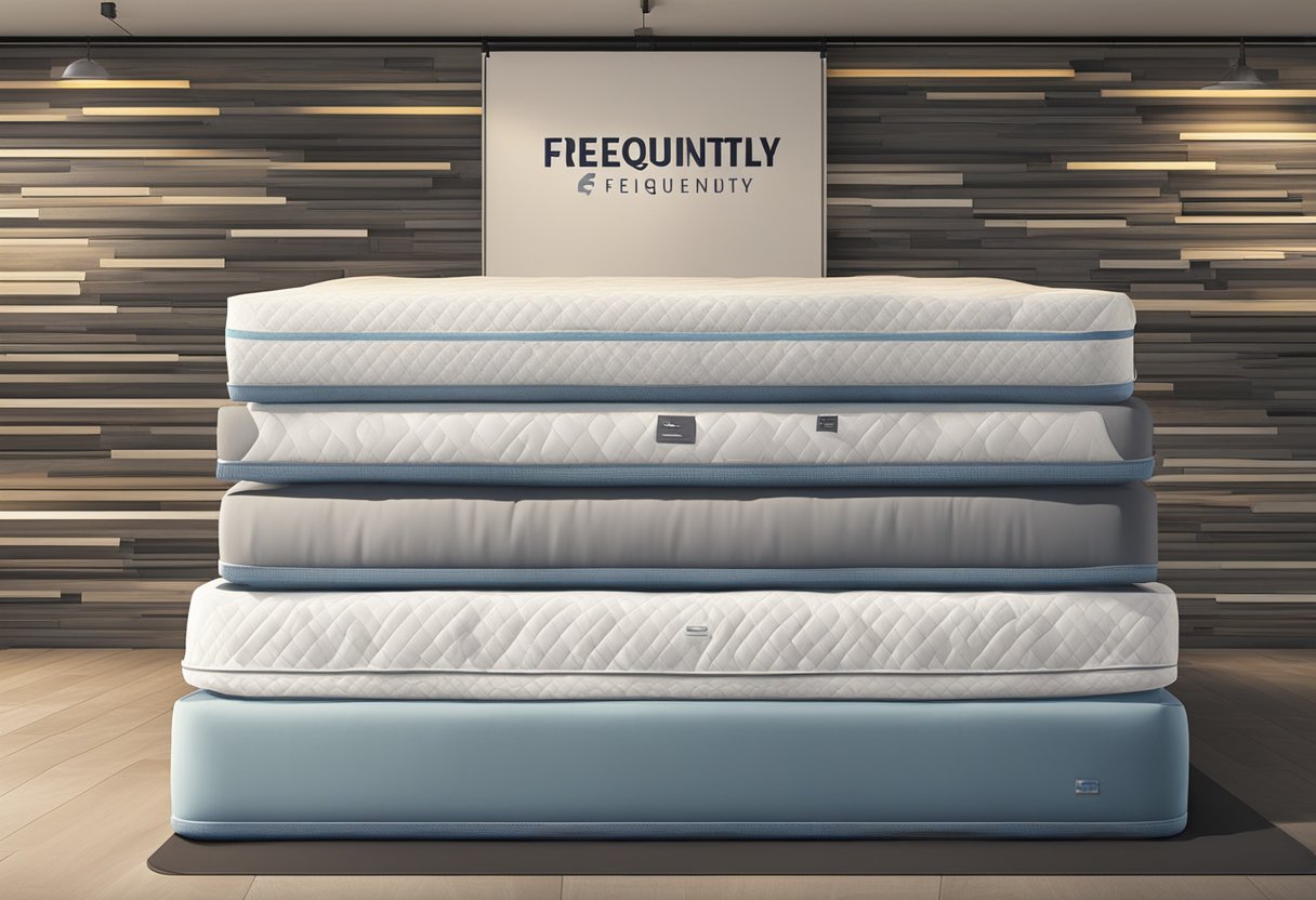 A stack of mattresses with a "Frequently Asked Questions" sign in a Singapore showroom