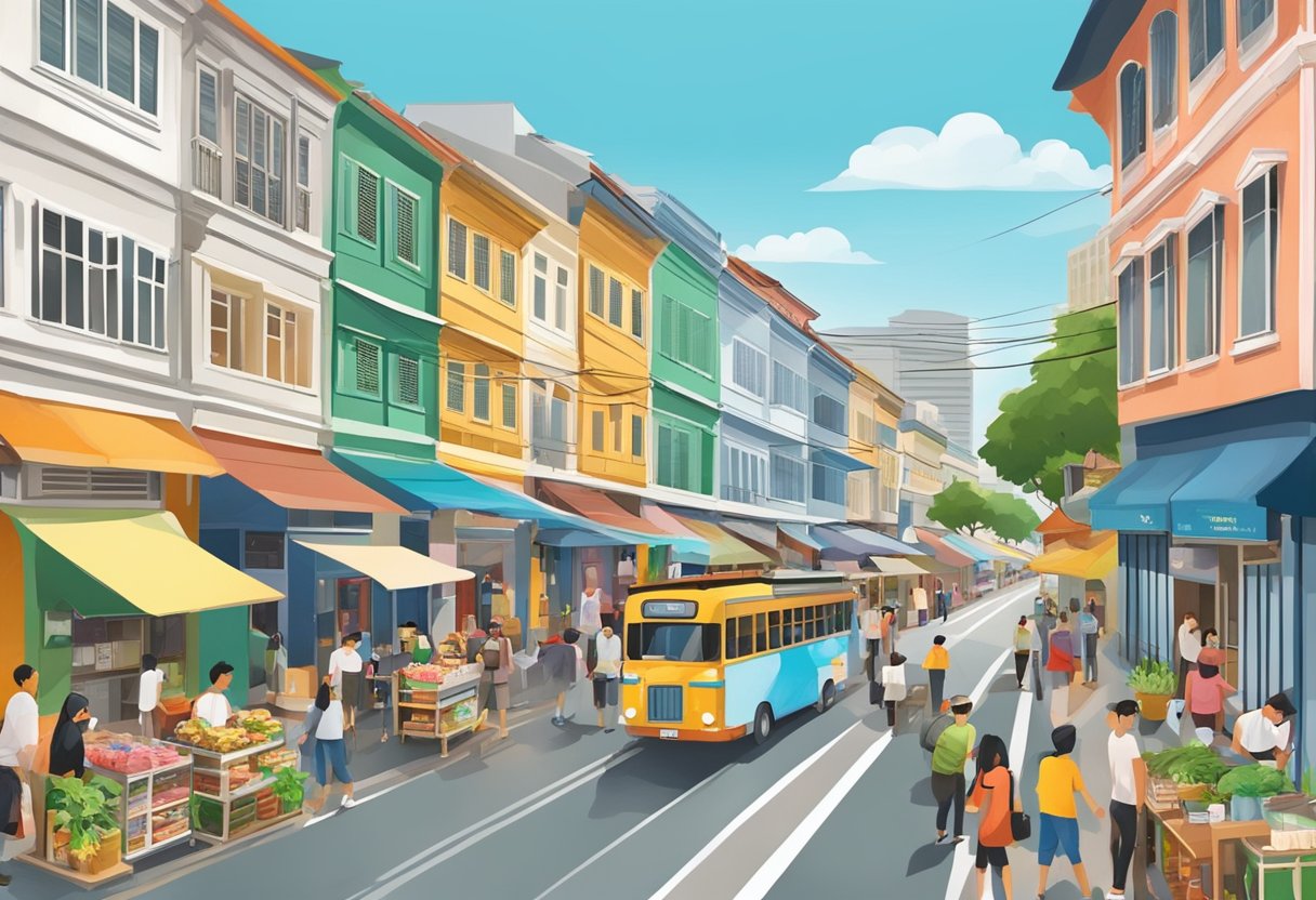 A bustling street in Cantonment Road, Singapore, with colorful shophouses and bustling markets
