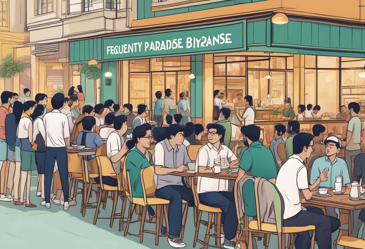 A bustling restaurant with a sign reading "Frequently Asked Questions paradise biryani singapore" and a line of customers eagerly waiting to be seated