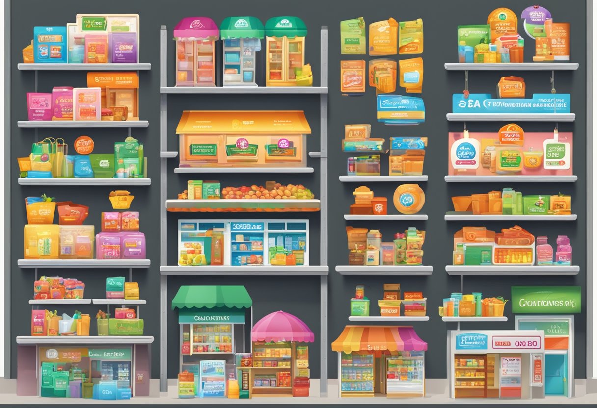 A colorful array of Singaporean storefronts display "CDC Voucher Merchant" signs, showcasing a diverse range of products and services available for purchase with the vouchers