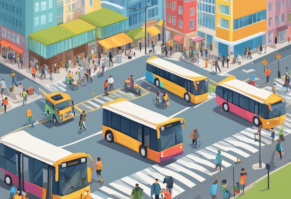 Busy street with accessible ramps, buses, and pedestrians. Street signs and colorful buildings line the road