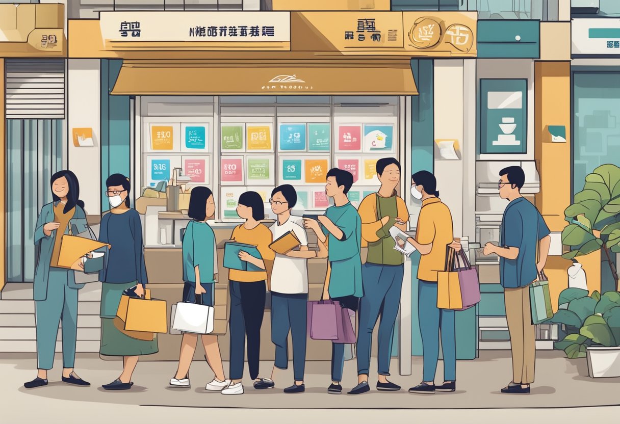 A diverse group of Singaporean merchants accepting CDC vouchers, displaying signs and logos, with customers making purchases