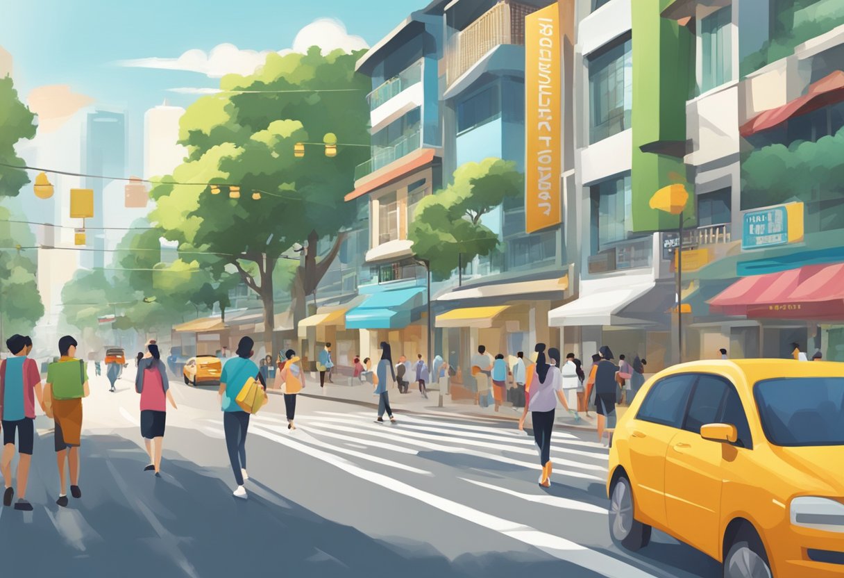 A bustling street with a prominent sign reading "Frequently Asked Questions Cantonment Road Singapore." People walking and cars passing by