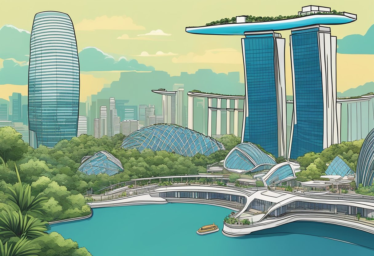 The iconic Marina Bay Sands and Gardens by the Bay stand tall against the Singapore skyline, with the bustling cityscape below