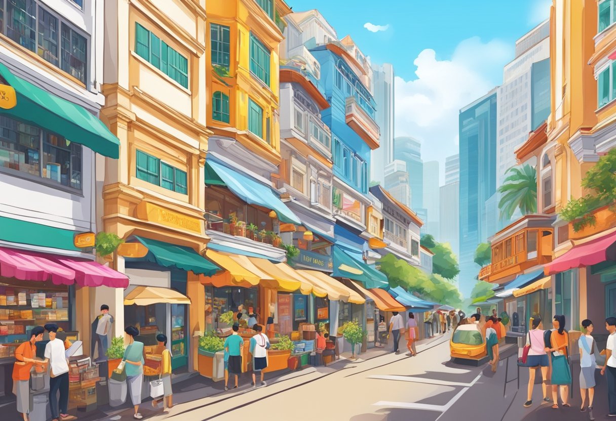 A bustling street in Singapore with colorful shop fronts and vibrant signs, showcasing the diverse and lively atmosphere of the city