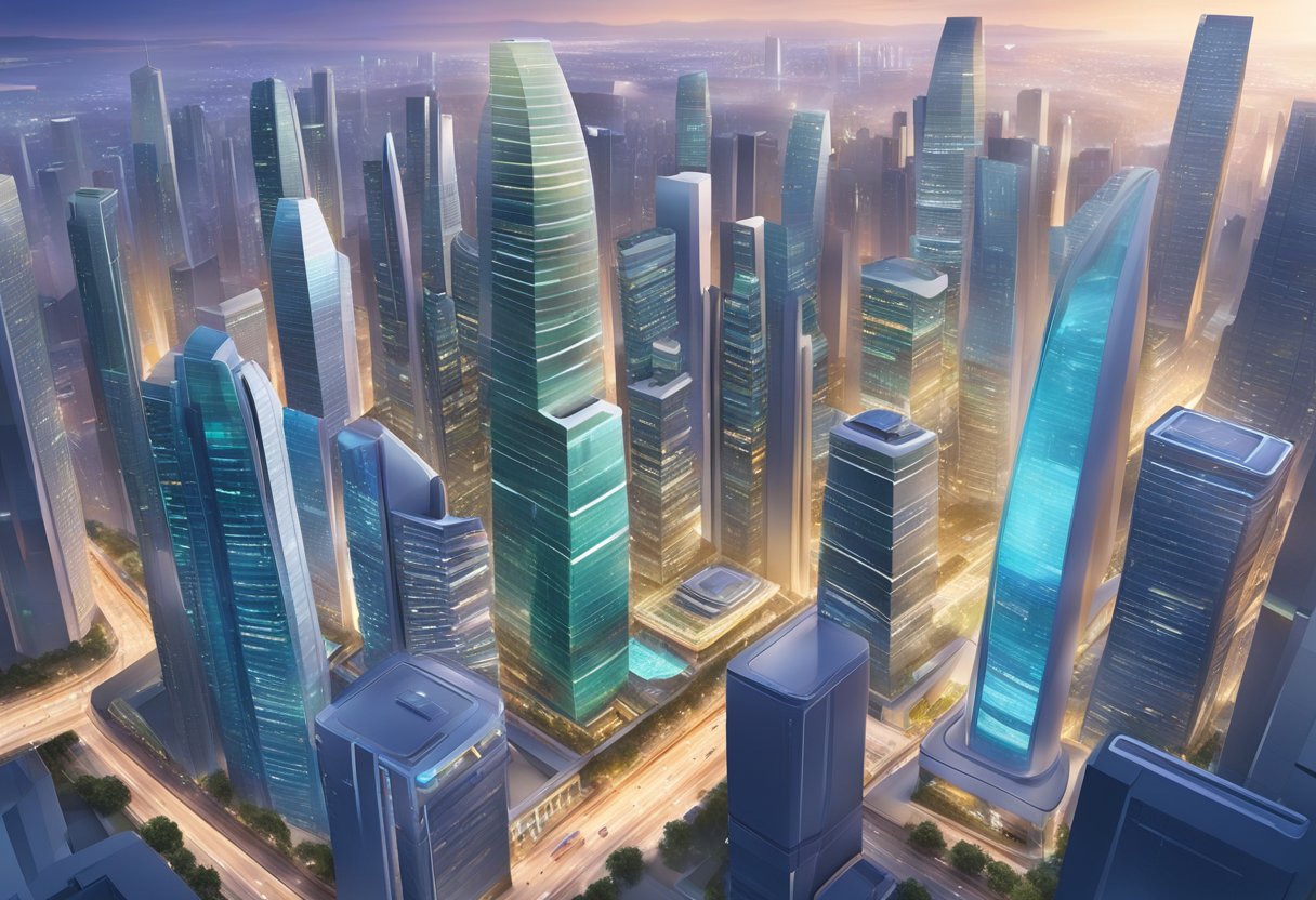A bustling cityscape with futuristic skyscrapers and advanced digital infrastructure, showcasing Cisco's significant influence on Singapore's digital landscape