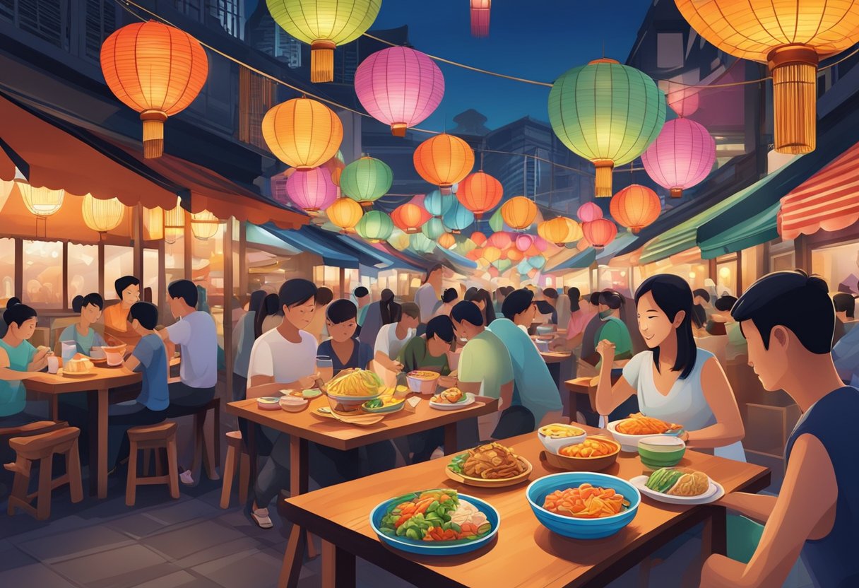 A table set with colorful dishes and chopsticks, surrounded by bustling hawker stalls and glowing lanterns in the vibrant streets of Singapore