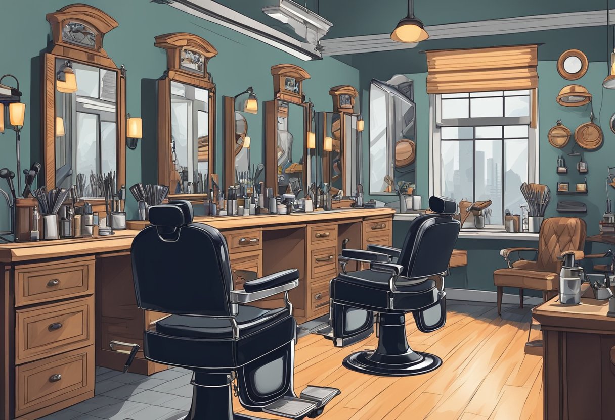 A customer sits in the barber chair, surrounded by mirrors and hair cutting tools. The barber carefully trims and styles the customer's hair