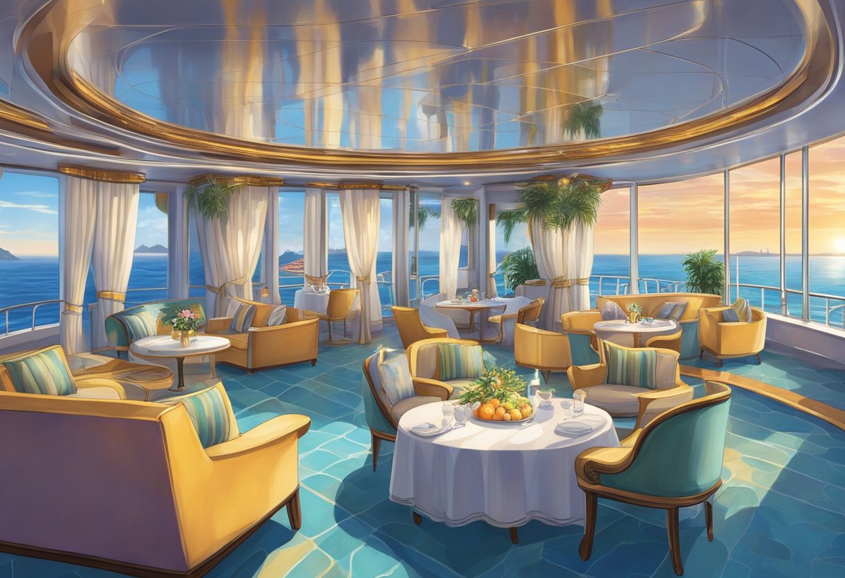 Passengers enjoy luxurious amenities on a cruise ship, including swimming pools, fine dining, and entertainment. The ship sails through the sparkling waters of Singapore, offering a relaxing and unforgettable experience