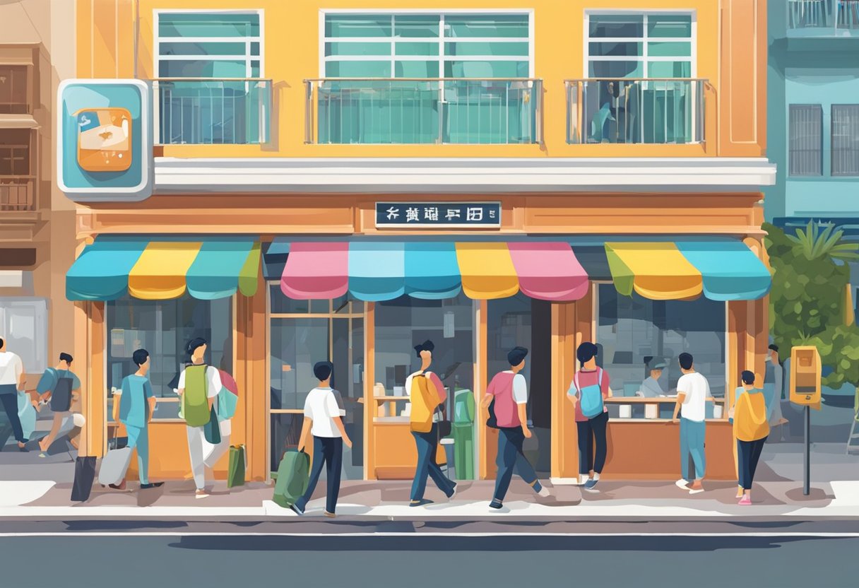 A colorful kcuts sign stands out against a busy Singapore street, with people entering and exiting the barbershop
