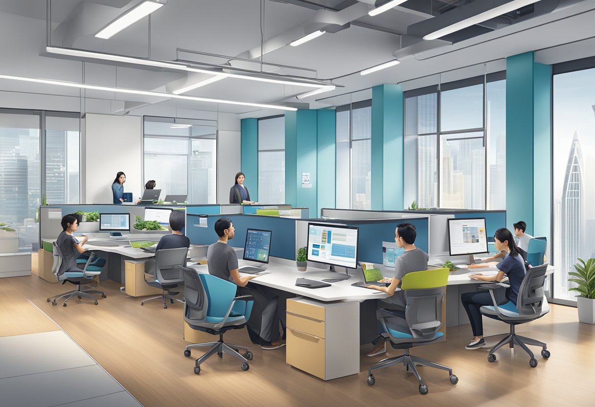 A modern office space with collaborative workstations and technology integration, showcasing the spirit of innovation and partnerships at Cisco Singapore