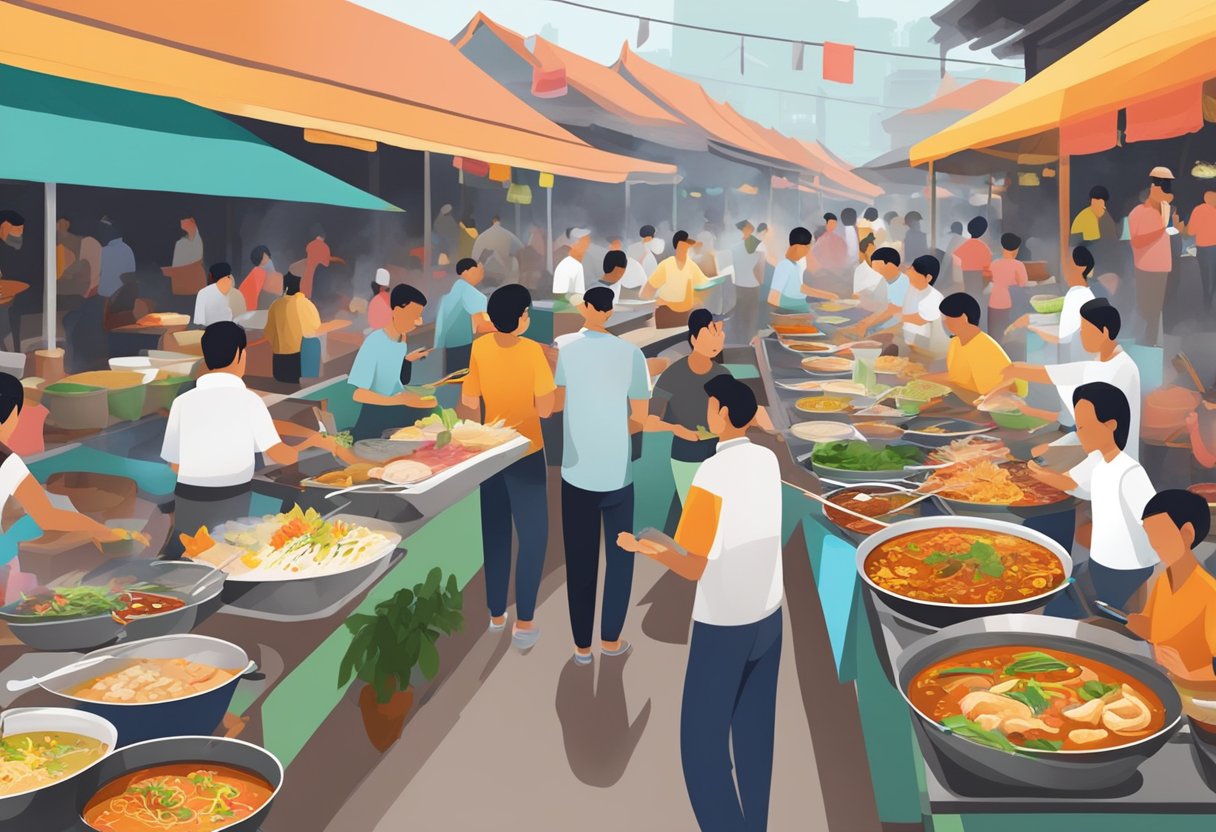A bustling hawker center with colorful stalls and aromatic smoke wafting through the air. Tables filled with an array of mouthwatering dishes, from spicy laksa to sizzling satay