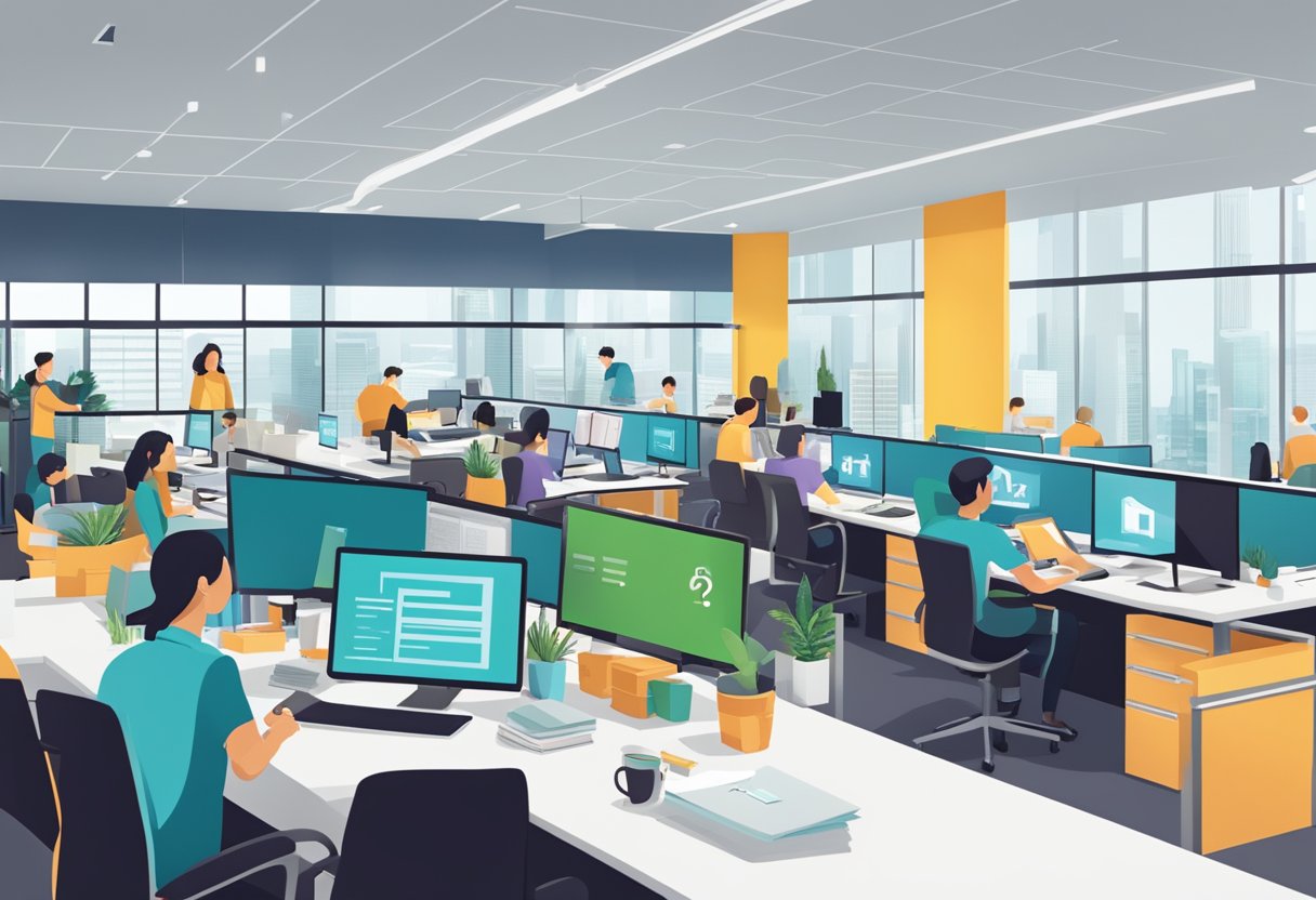 A bustling office with employees at their desks, a sign reading "Frequently Asked Questions cisco singapore" prominently displayed