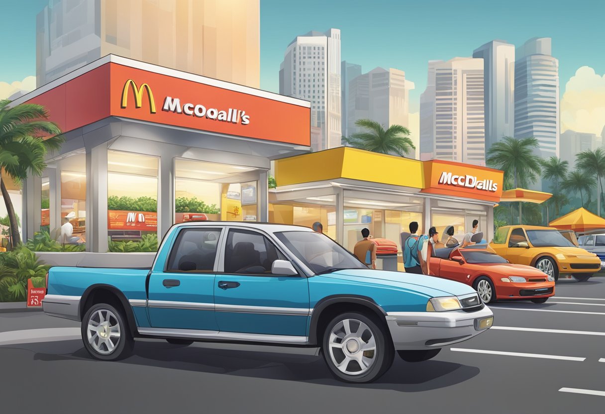 Cars queue at McDonald's drive-thru in Singapore. Menu board, speaker, and pick-up window visible. Palm trees and city skyline in background