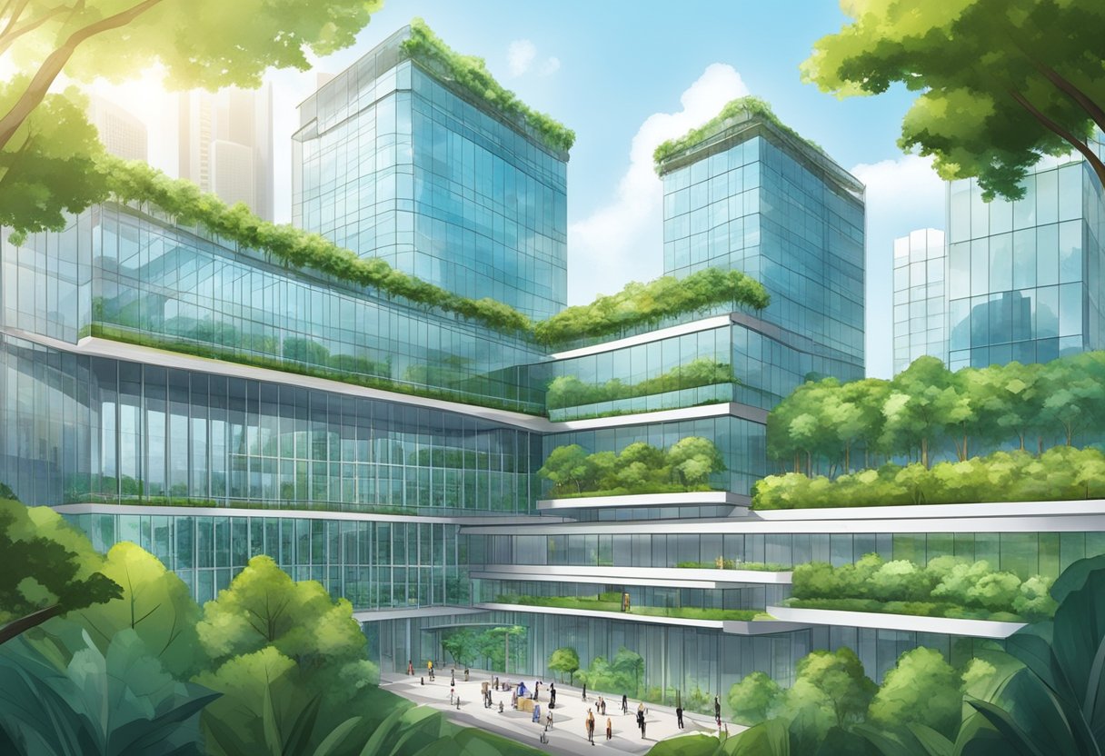 The modern glass and steel structure of the Ministry of Finance in Singapore gleams in the sunlight, surrounded by lush greenery and reflecting the city's skyline