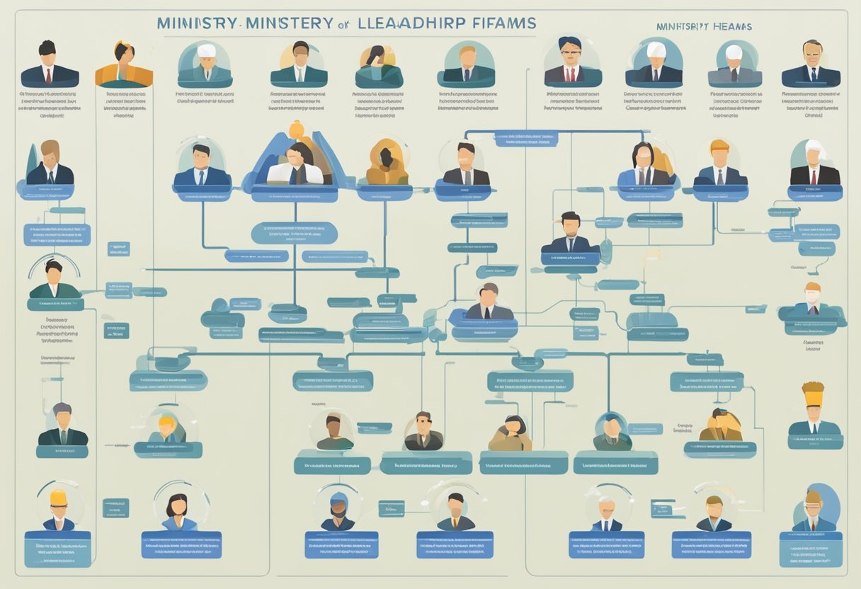 A clear hierarchical chart showing the Ministry of Finance's structure, with the leadership at the top and various departments and teams branching out below